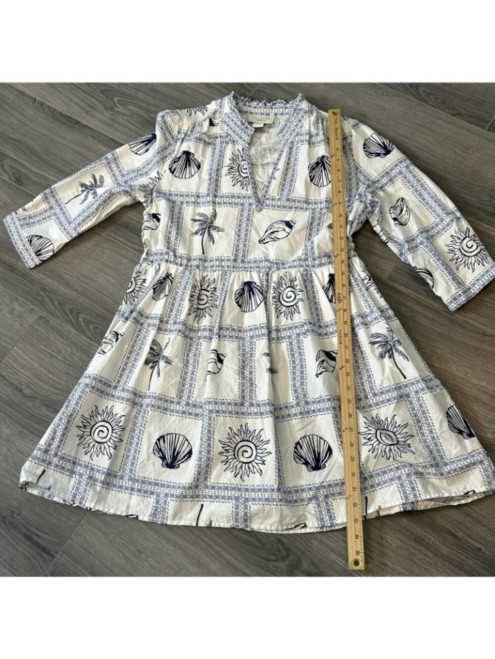 Calypso St. Barth Dress Womens L White Blue Seashell Coastal Palm Tropical Beach - Picture 10 of 11